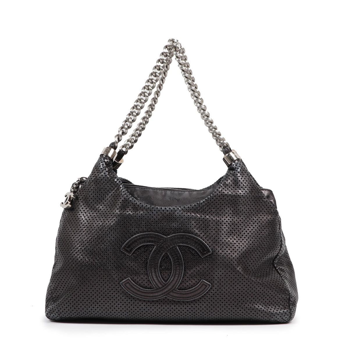 Buy an authentic second-hand Chanel Silver Lambskin Leather Perforated Shoulder Bag in good condition at Labellov in Antwerp.