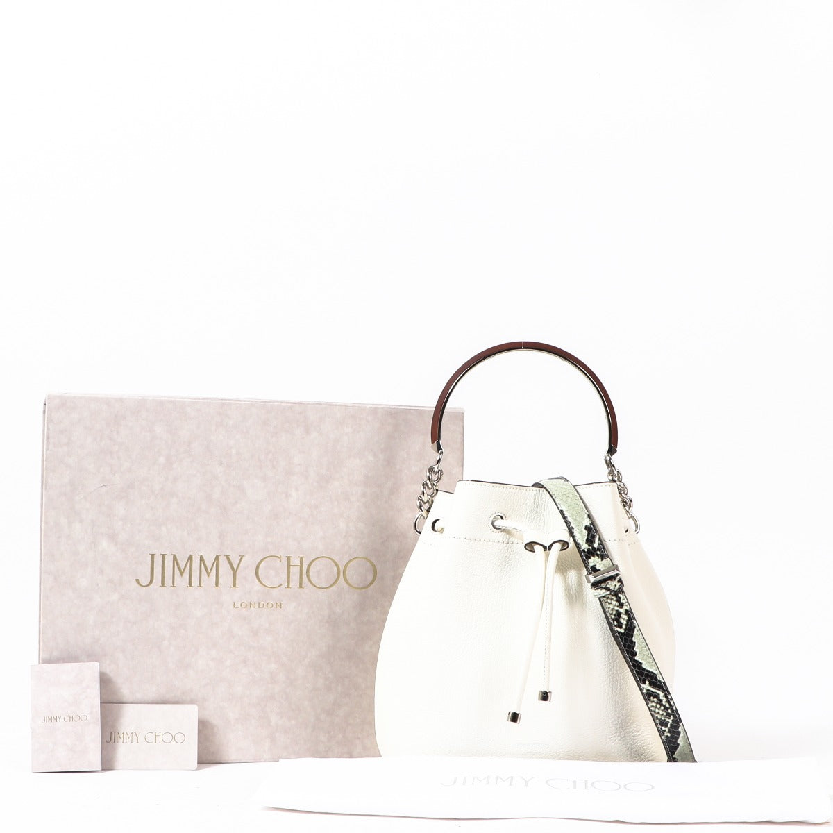 Buy an authentic Jimmy Choo White Calf Leather Bon Bon Bucket Bag in very good condition at Labellov in Antwerp.