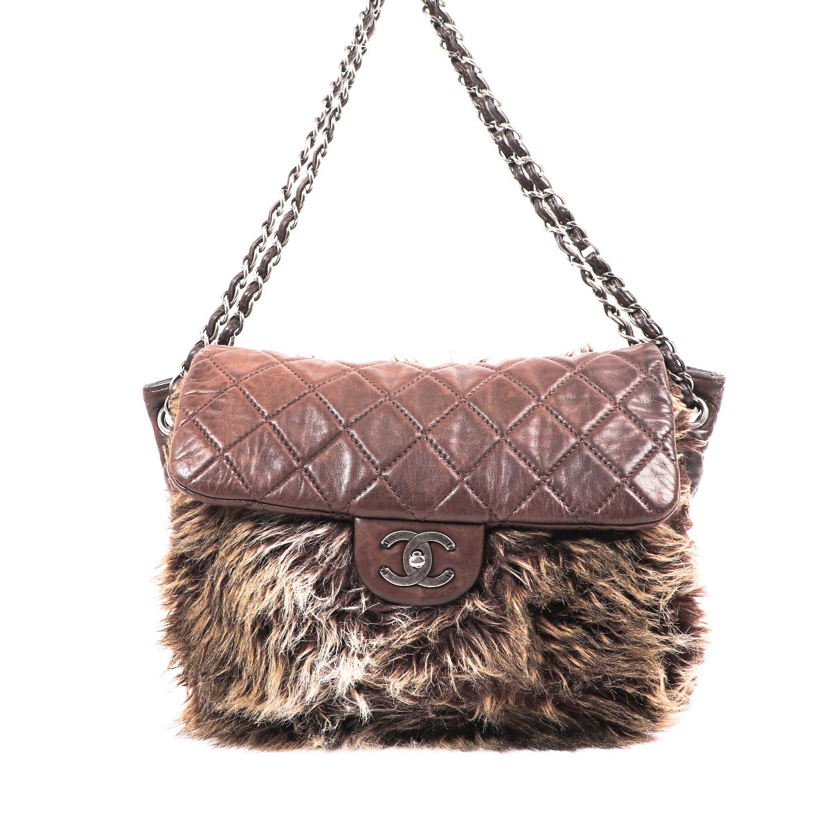 Buy an unique authentic Chanel Brown Quilted Lambskin Leather Fur Shoulder Bag in very good condition at Labellov in Antwerp.