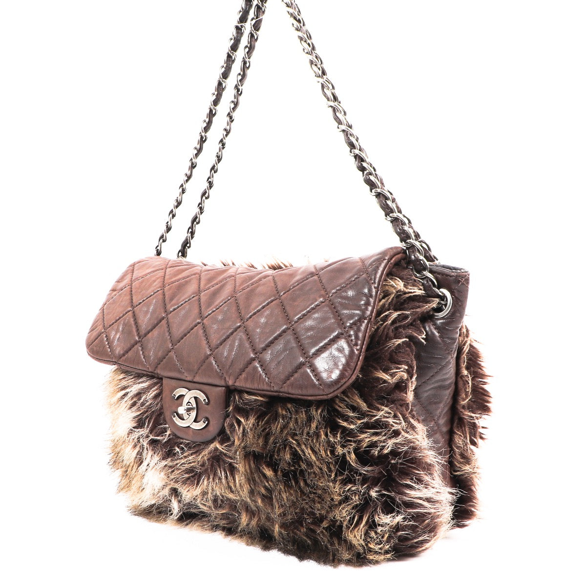 Buy an unique authentic Chanel Brown Quilted Lambskin Leather Fur Shoulder Bag in very good condition at Labellov in Antwerp.