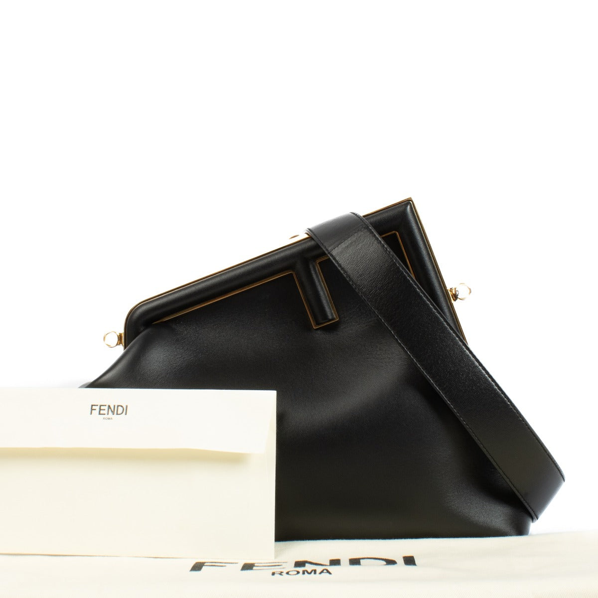 Authentic second hand luxury designer Fendi Black Leather Midi First Bag