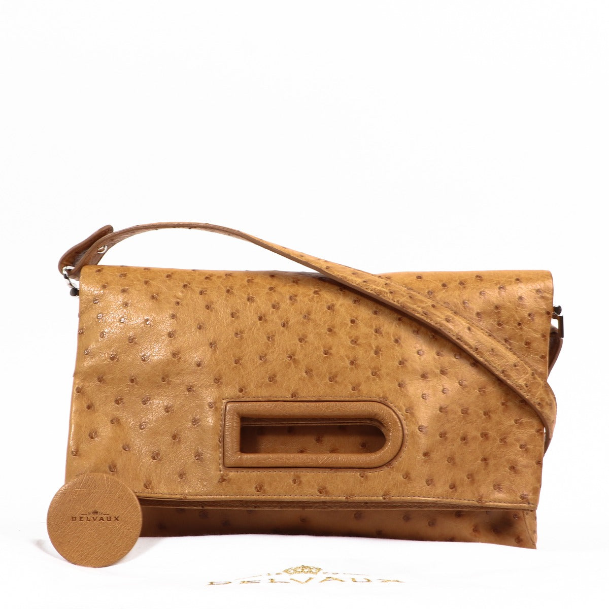 Buy an authentic second-hand Delvaux Cognac Ostrich Crossbody Bag in very good condition at Labellov in Antwerp.