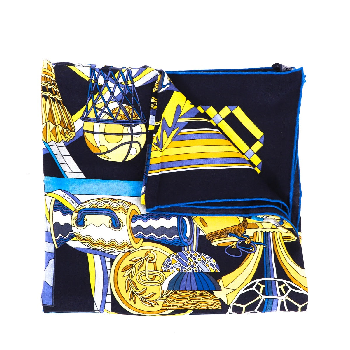 Buy an authentic Hermès Blue Les Trophées Cashmere & Silk Shawl in very good condition at Labellov in Antwerp.
