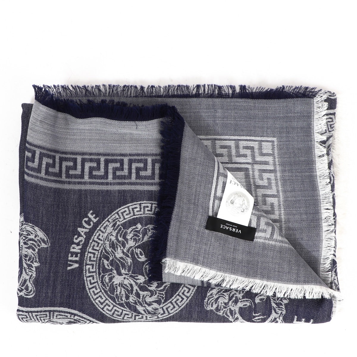 Buy an authentic second-hand Versace Blue Silk Wool Medusa Scarf in very good condition at Labellov in Antwerp.