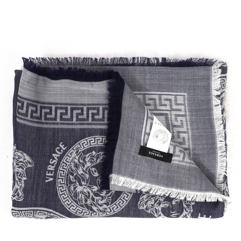 Buy an authentic second-hand Versace Blue Silk Wool Medusa Scarf in very good condition at Labellov in Antwerp.