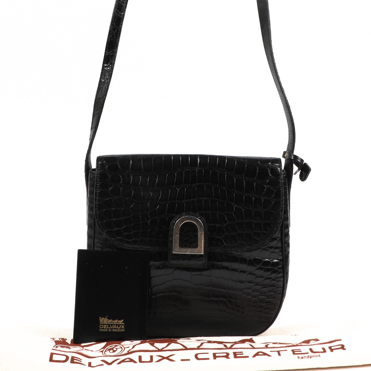 Buy an authentic second-hand Delvaux Black Croco Leather Crossbody Bag in very good condition at Labellov in Antwerp.