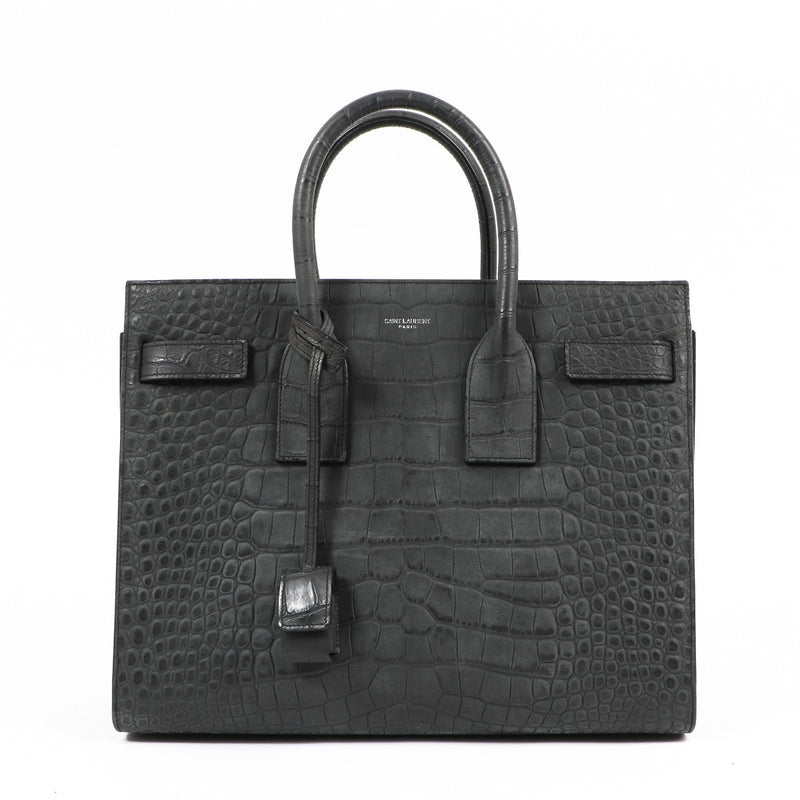 Saint Laurent Grey Crocodile-Embossed Nubuck Small Sac de Jour Bag