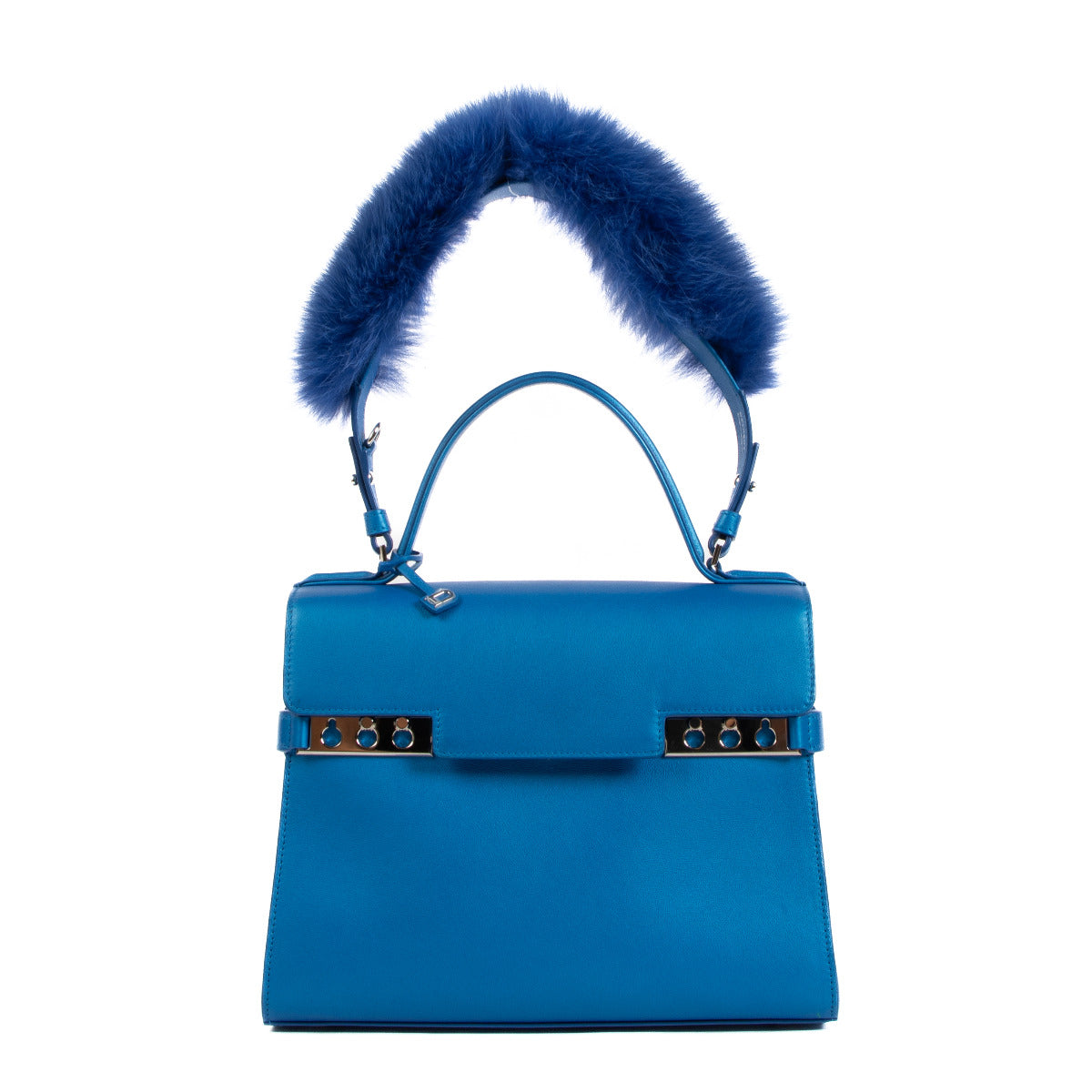 Delvaux Tempête MM Blue Top Handle Bag with Fur Strap