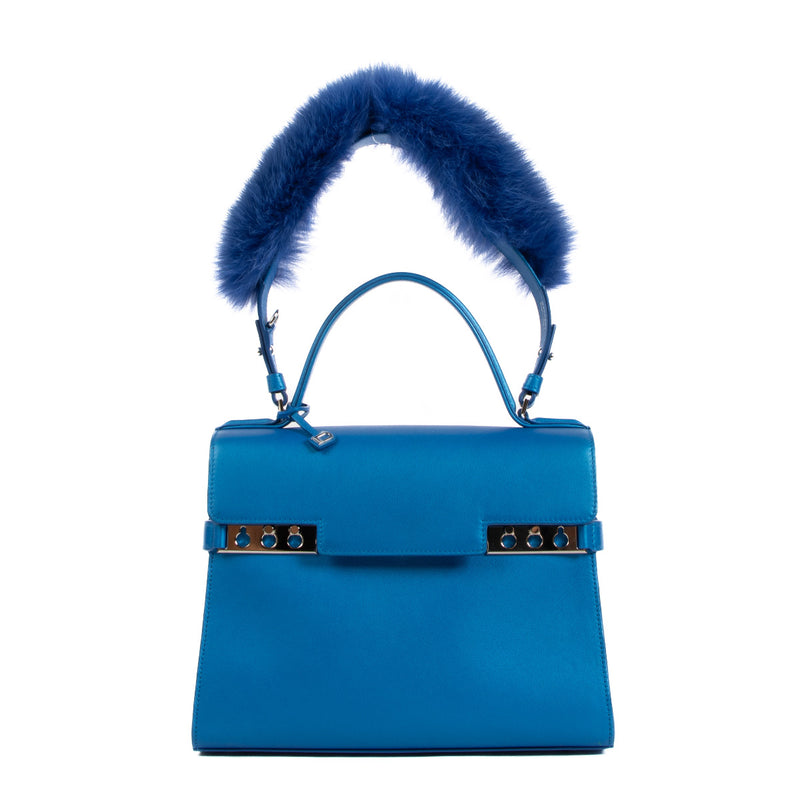 Delvaux Tempête MM Blue Top Handle Bag with Fur Strap