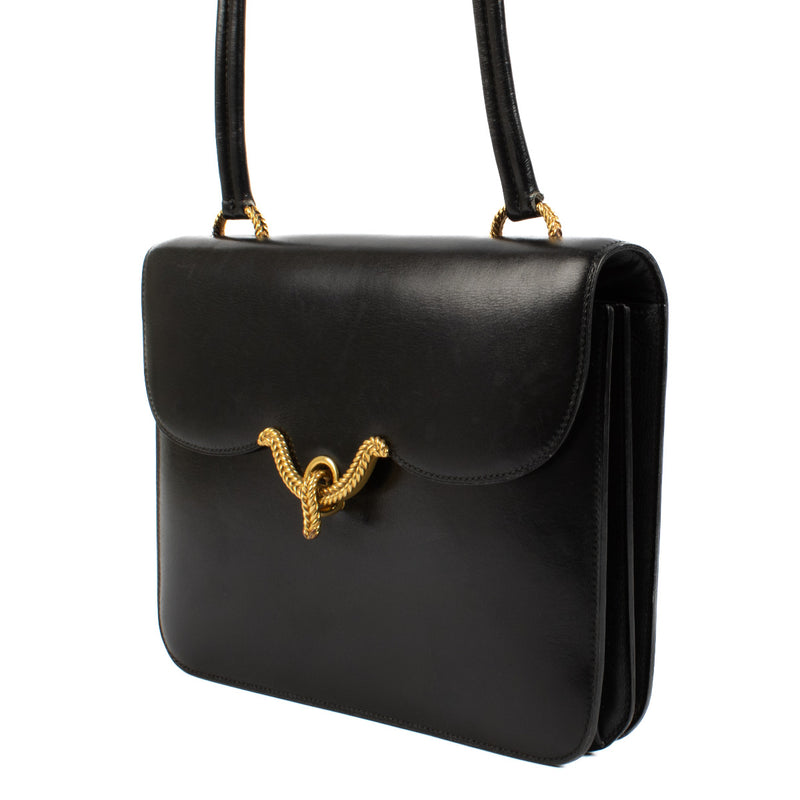 Hermès Zwarte Vintage Boxcalf Lederen Schoudertas