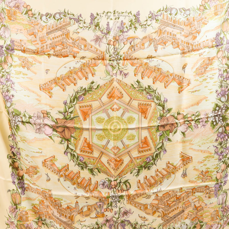 Hermès Yellow Au Pays de Cocagne Silk Carré 90 Scarf