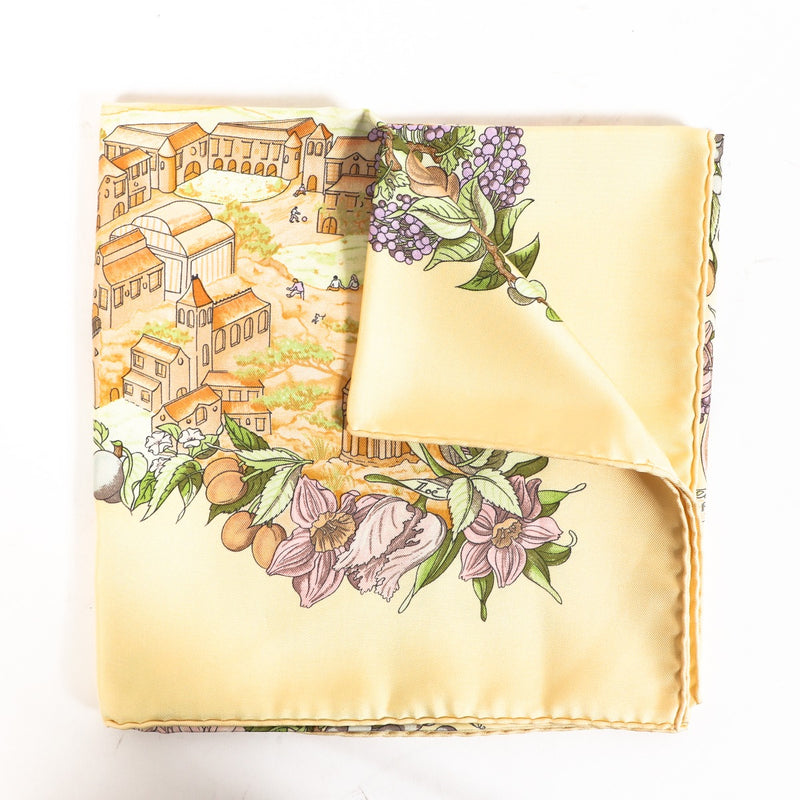 Hermès Yellow Au Pays de Cocagne Silk Carré 90 Scarf