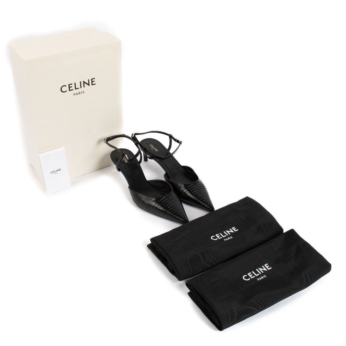 Celine Black Lizard-Embossed Slingbacks - size 38 aan de beste prijs bij Labellov tweedehands luxe in Antwerpen. Koop en verkoop aan de beste prijs.