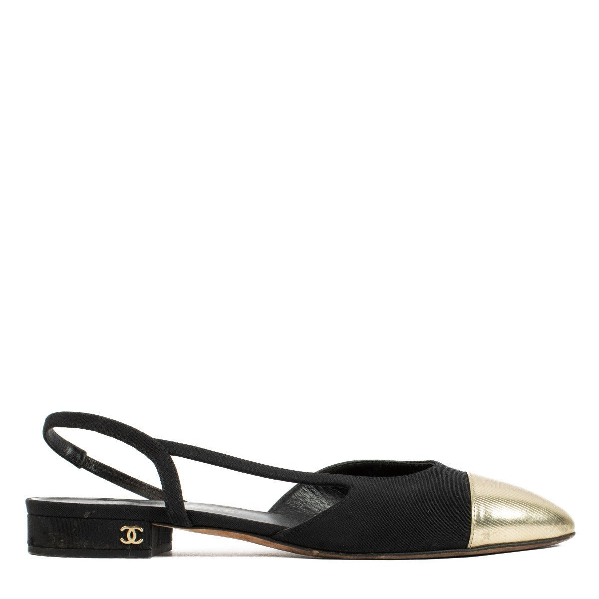 Chanel Gold/Black Slingbacks in size 38, featuring a gold-toned body, classic black toe caps, and an adjustable slingback strap for a chic and versatile look. Shop now on Labellov.com.