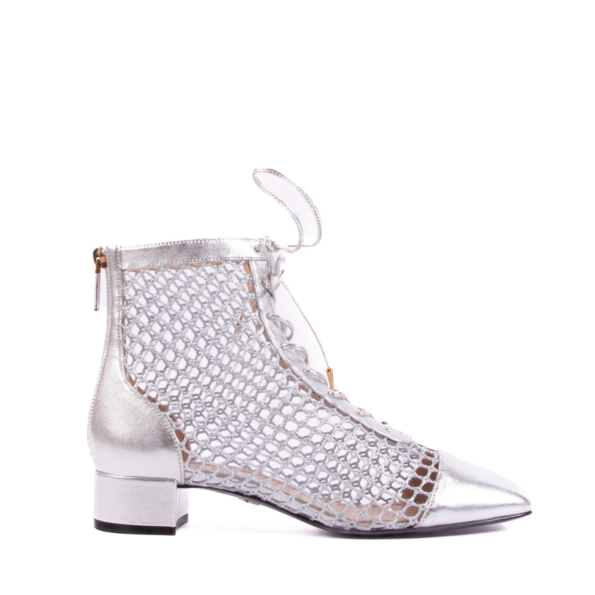 Bottines Christian Dior Naughtily-D en agneau laminé argenté avec filet - Taille 38