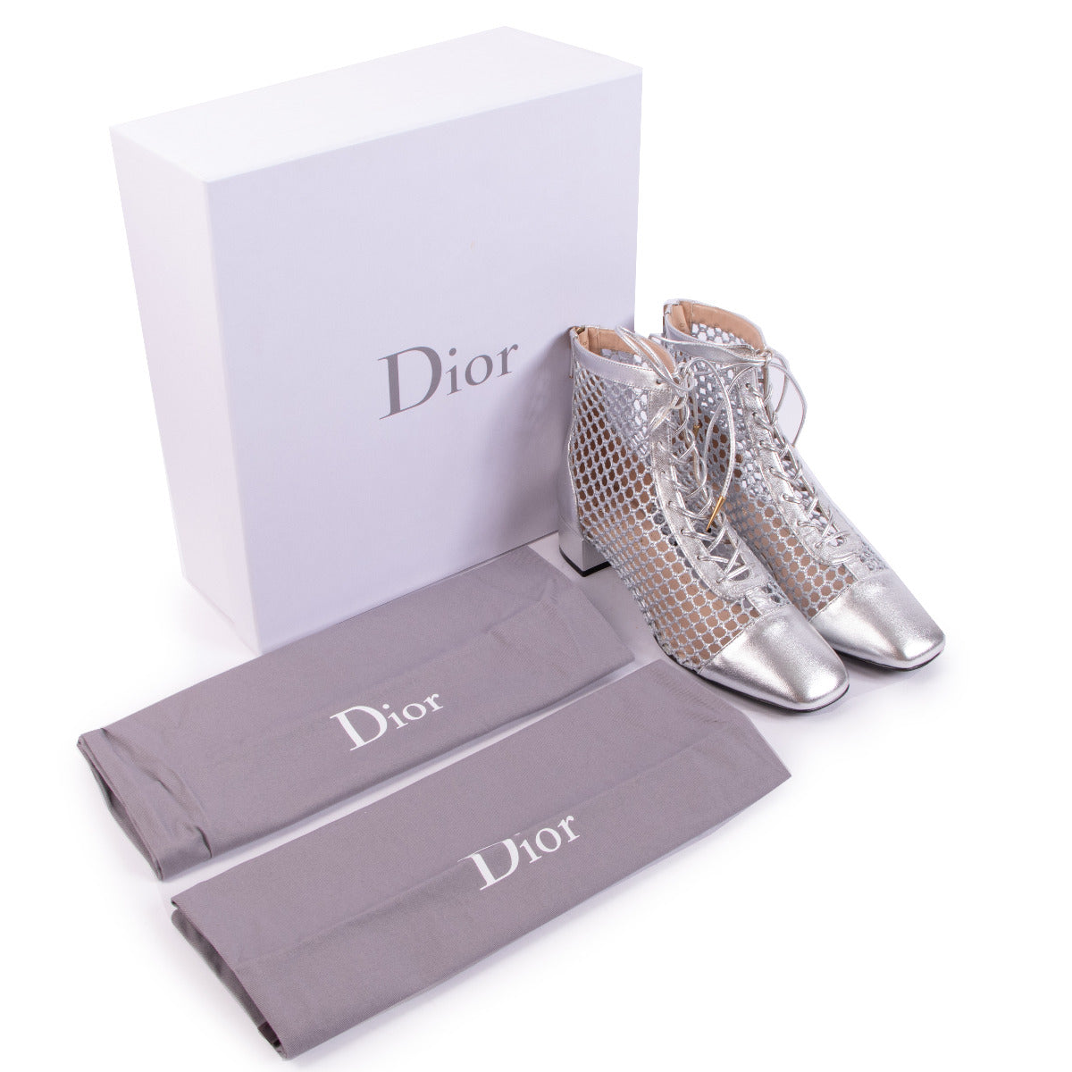 Bottines Christian Dior Naughtily-D en agneau laminé argenté avec filet - Taille 38