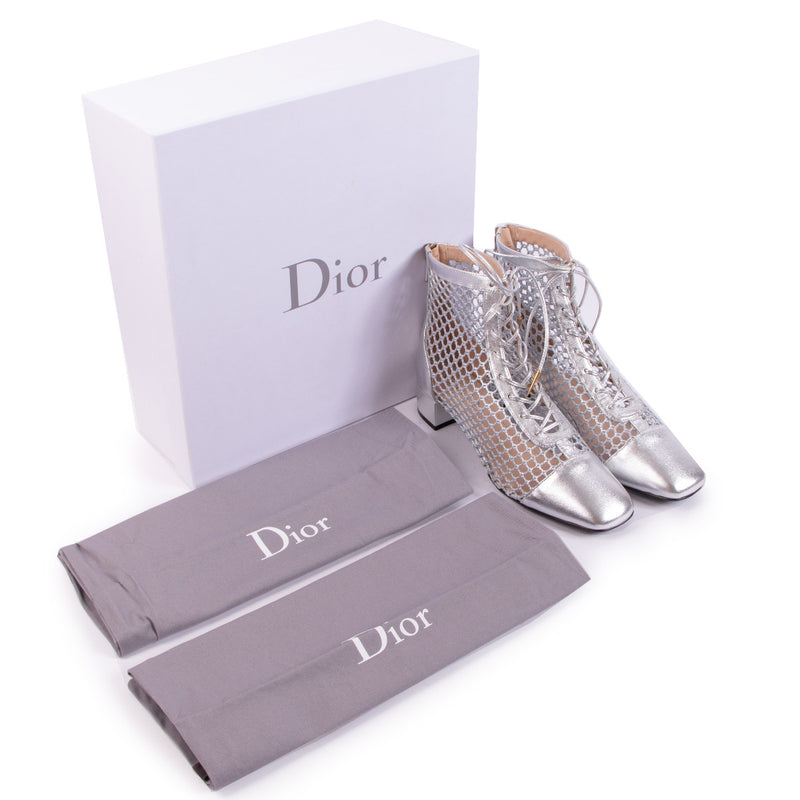 Christian Dior Silver Laminated Lambskin Leather Fishnet Naughtily-D Ankle Boots - Size 38