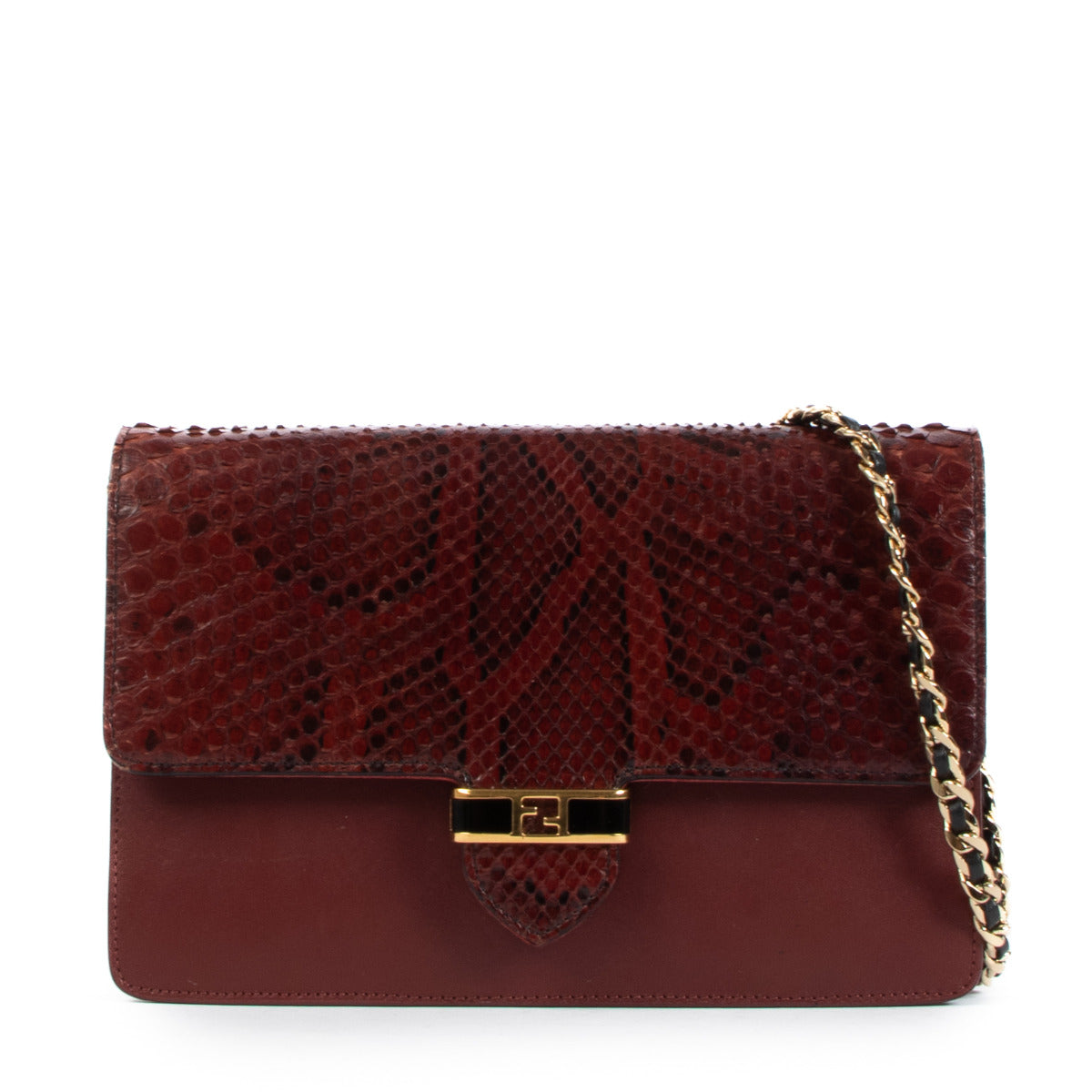 Portefeuille Fendi en python bordeaux avec chaîne