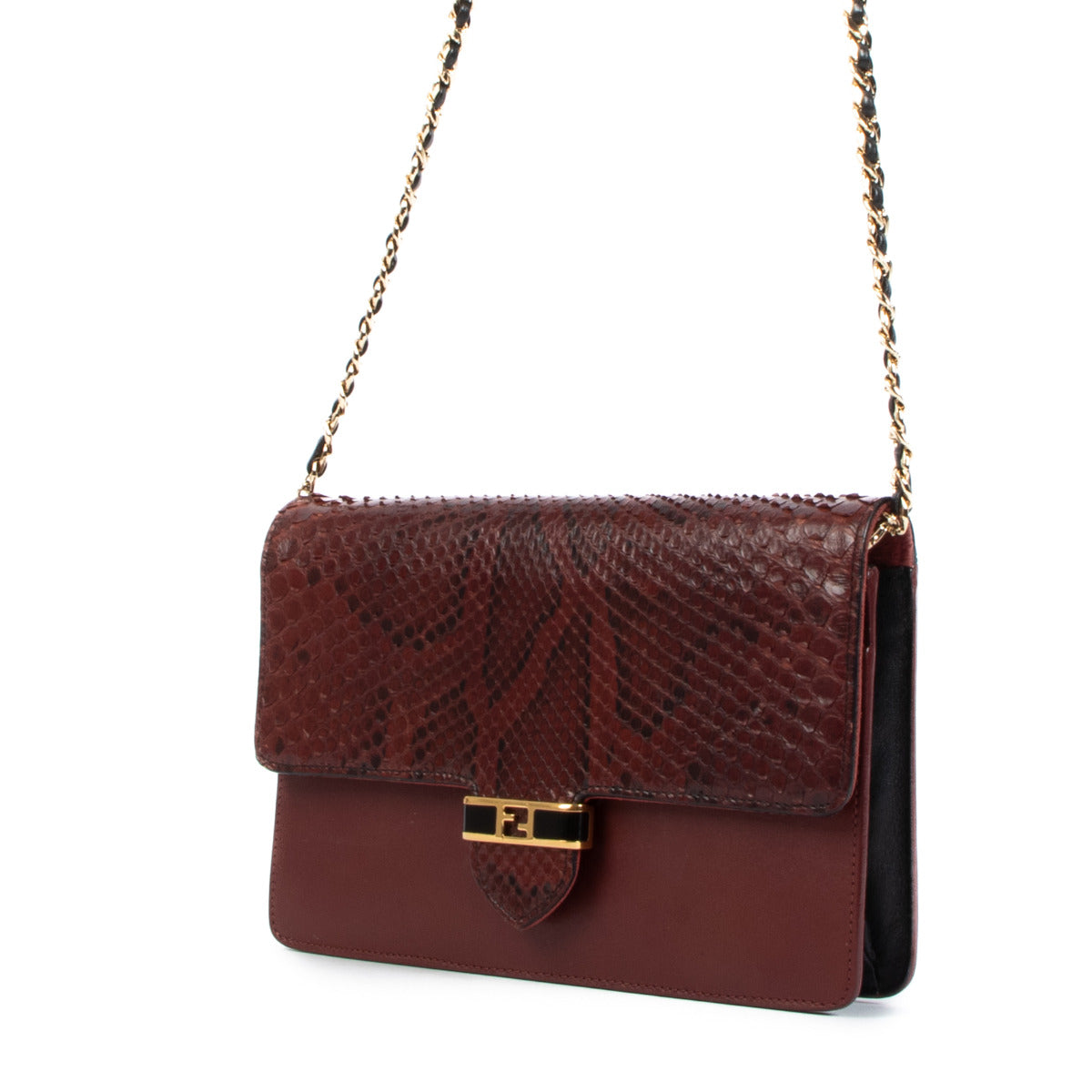 Portefeuille Fendi en python bordeaux avec chaîne
