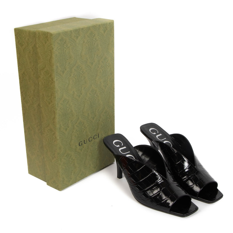 Gucci Black Leather Croc-Embossed Demi Heels for the best price at Labellov secondhand luxury in Antwerp.