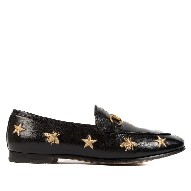 Buy real authentic Gucci Black Leather Embroidered Bee Stars Jordaan Loafers safe online at Labellov.com
