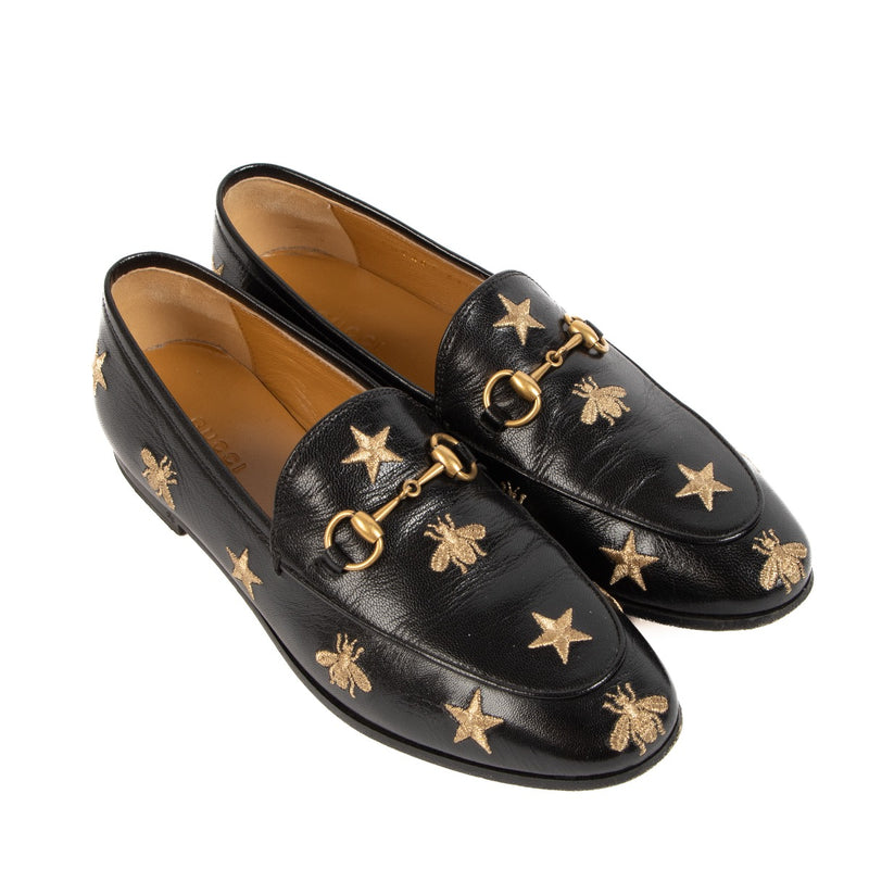 Buy real authentic Gucci Black Leather Embroidered Bee Stars Jordaan Loafers safe online at Labellov.com