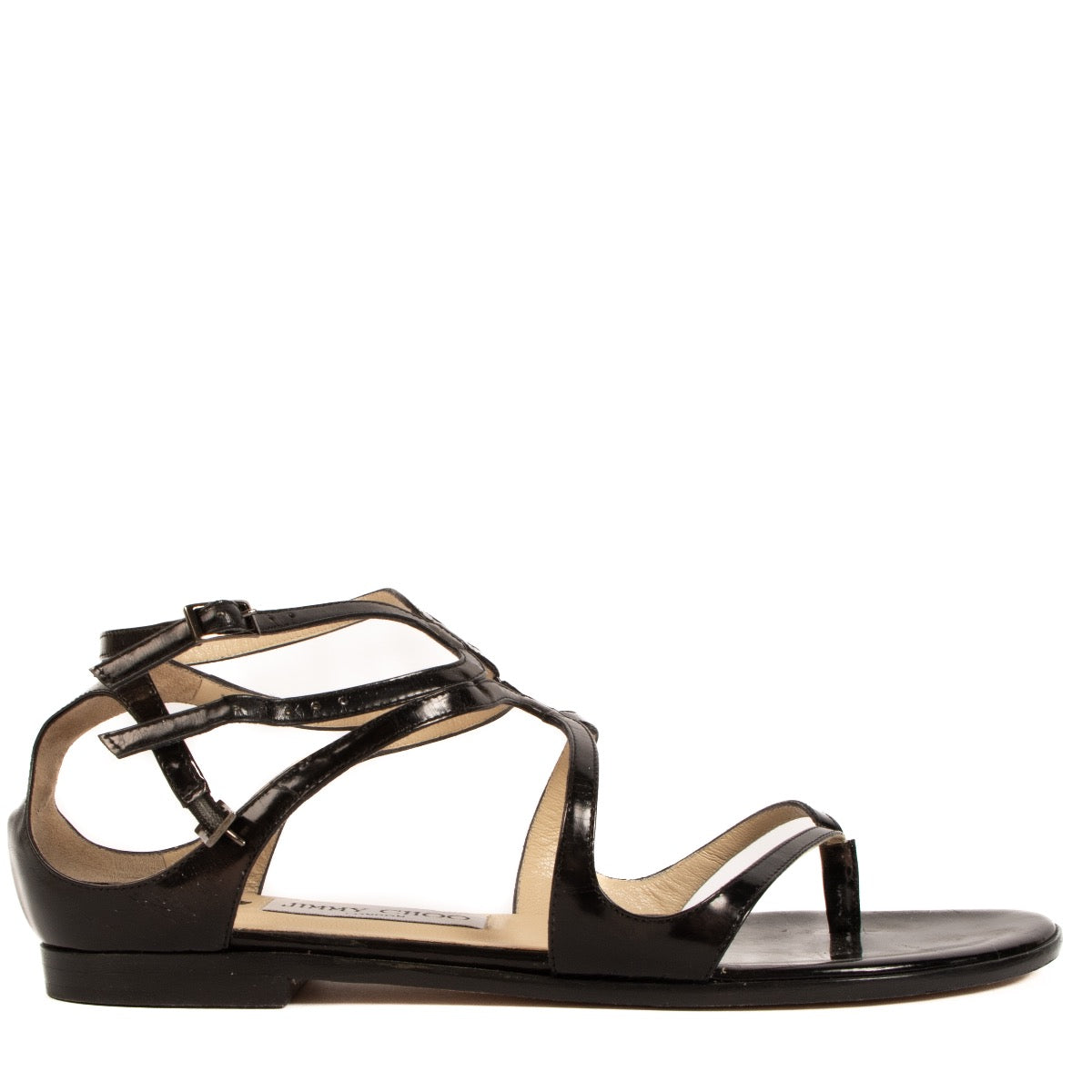 Sandales plates Leja Jimmy Choo en cuir verni noir à brides – taille 38