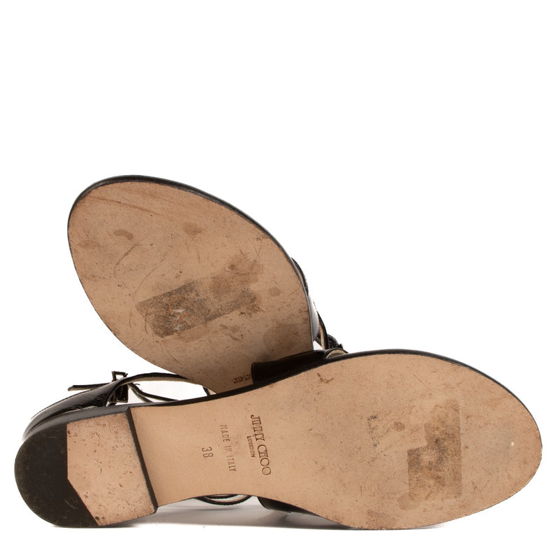 Jimmy Choo Black Patent Leather Leja Strappy Flat Sandals - size 38