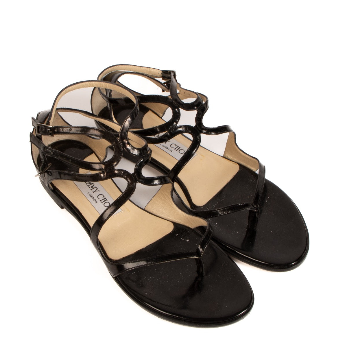 Sandales plates Leja Jimmy Choo en cuir verni noir à brides – taille 38