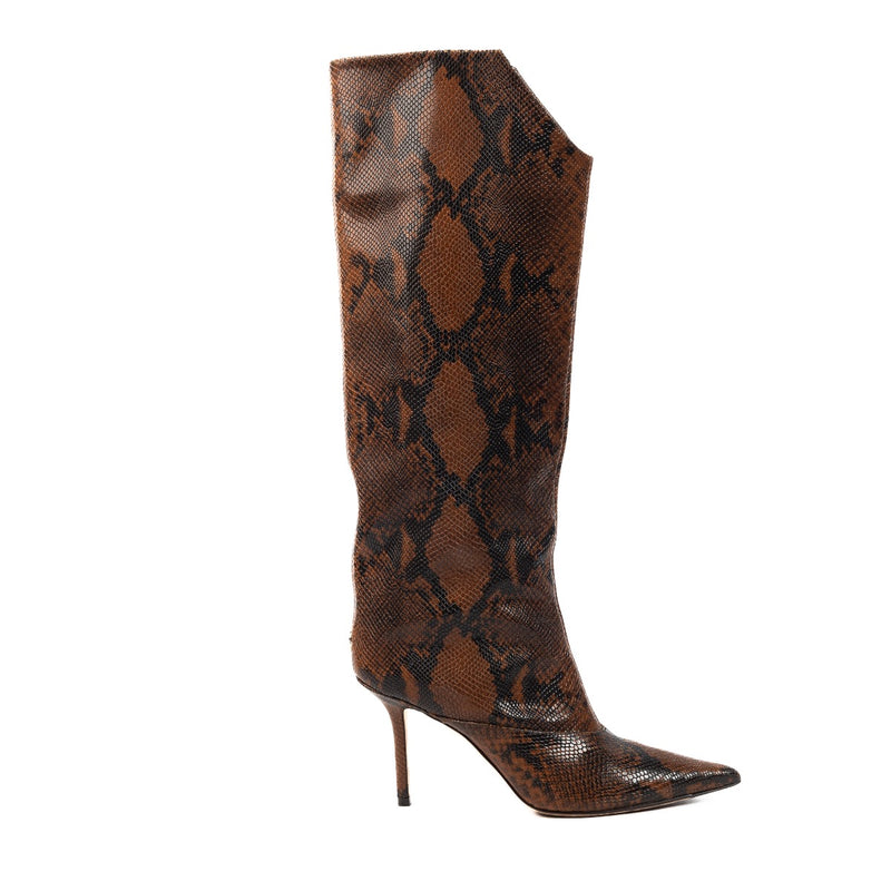 Shop safe online at Labellov in Antwerp, Brussels and Knokke these 100% authentic second hand Jimmy Choo Brown Snake Print Mavis Boots - size 38