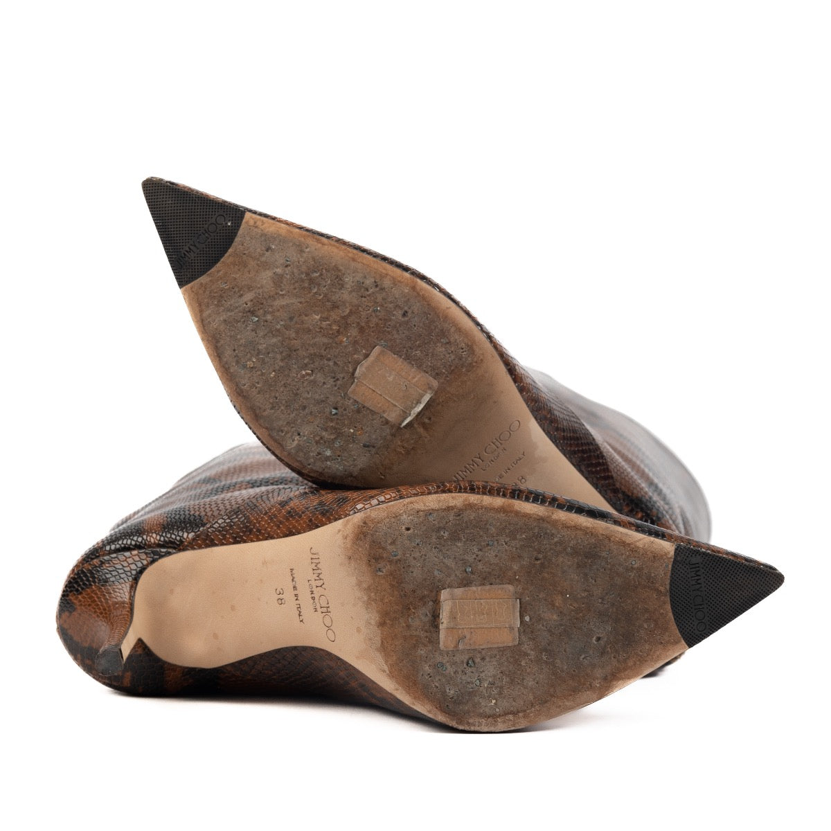 Shop safe online at Labellov in Antwerp, Brussels and Knokke these 100% authentic second hand Jimmy Choo Brown Snake Print Mavis Boots - size 38