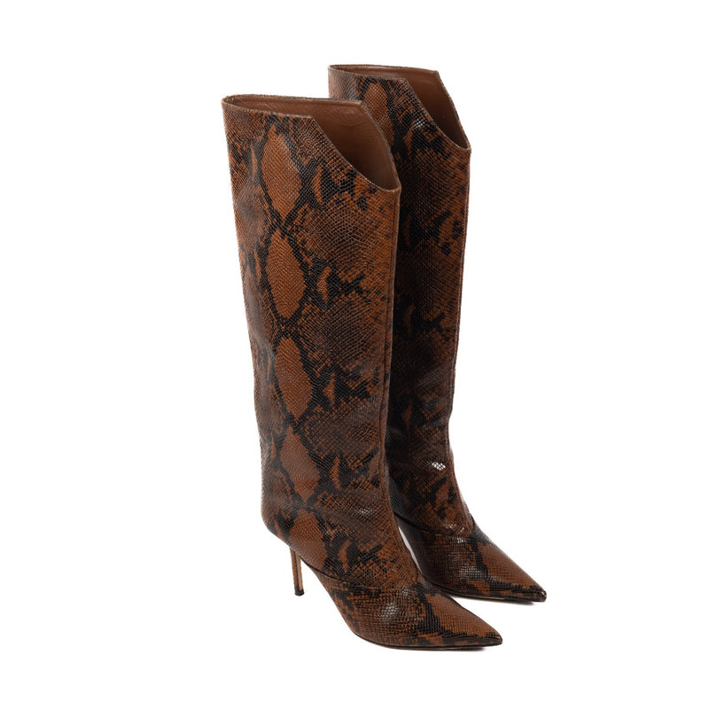Shop safe online at Labellov in Antwerp, Brussels and Knokke these 100% authentic second hand Jimmy Choo Brown Snake Print Mavis Boots - size 38