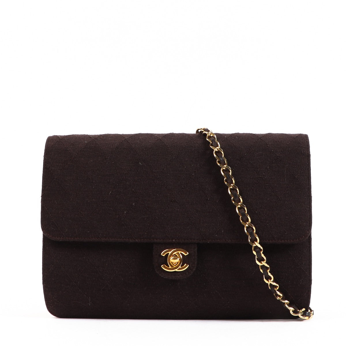 Chanel Vintage Bruine Gewatteerde Jersey Klassieke Clutch met Ketting