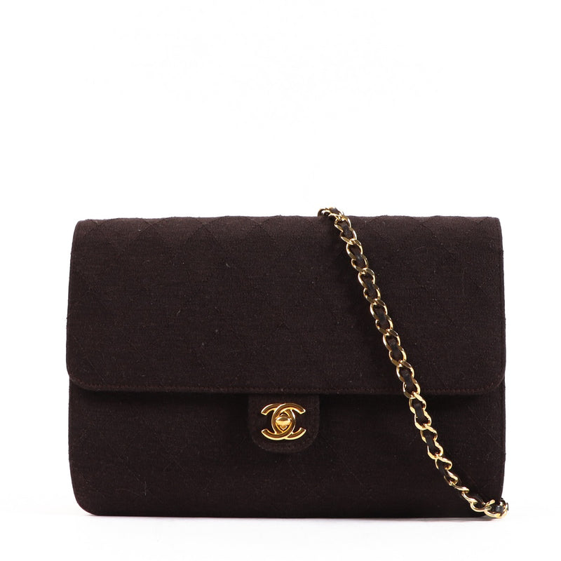 Chanel Vintage Bruine Gewatteerde Jersey Klassieke Clutch met Ketting