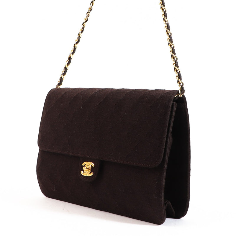 Chanel Vintage Bruine Gewatteerde Jersey Klassieke Clutch met Ketting