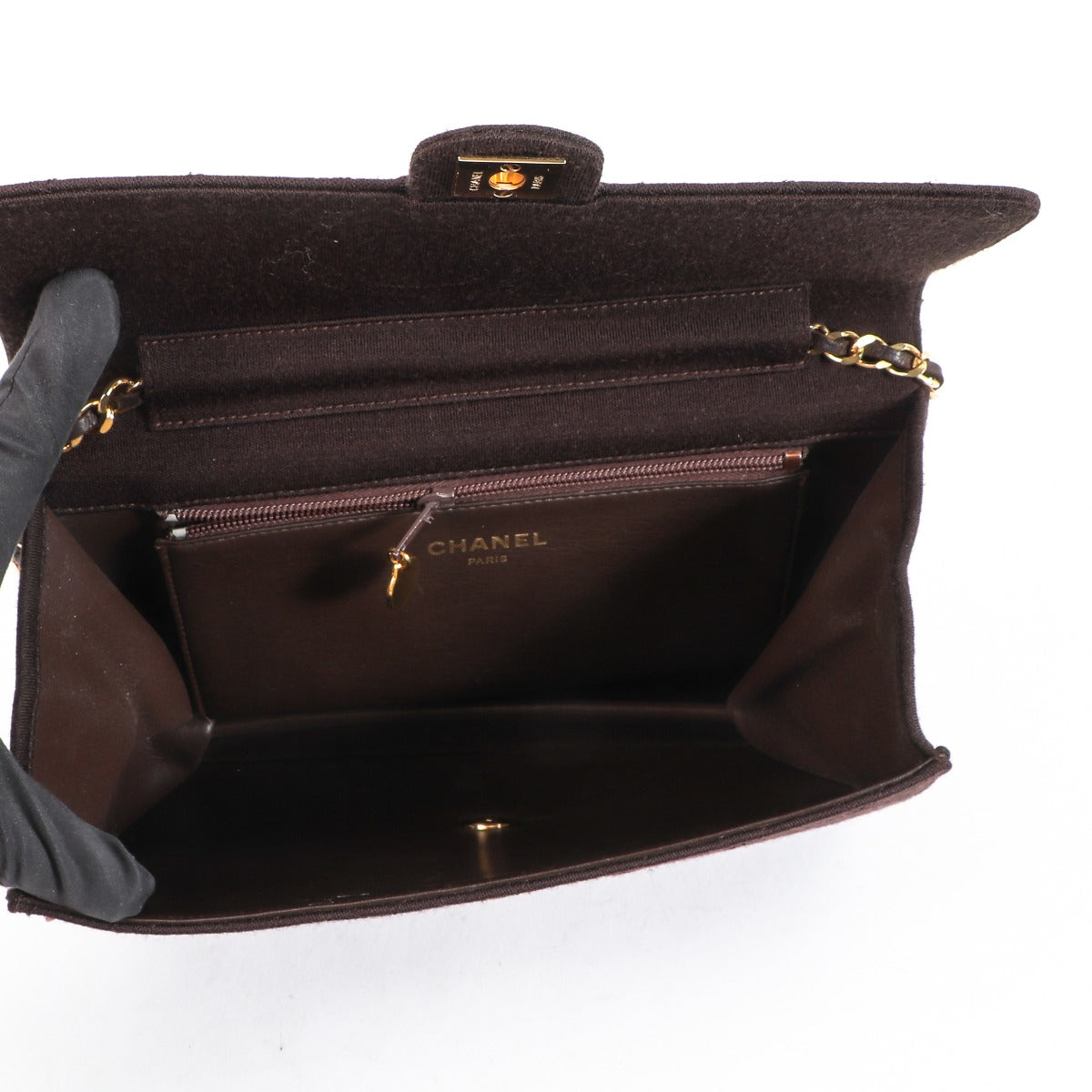 Chanel Vintage Bruine Gewatteerde Jersey Klassieke Clutch met Ketting