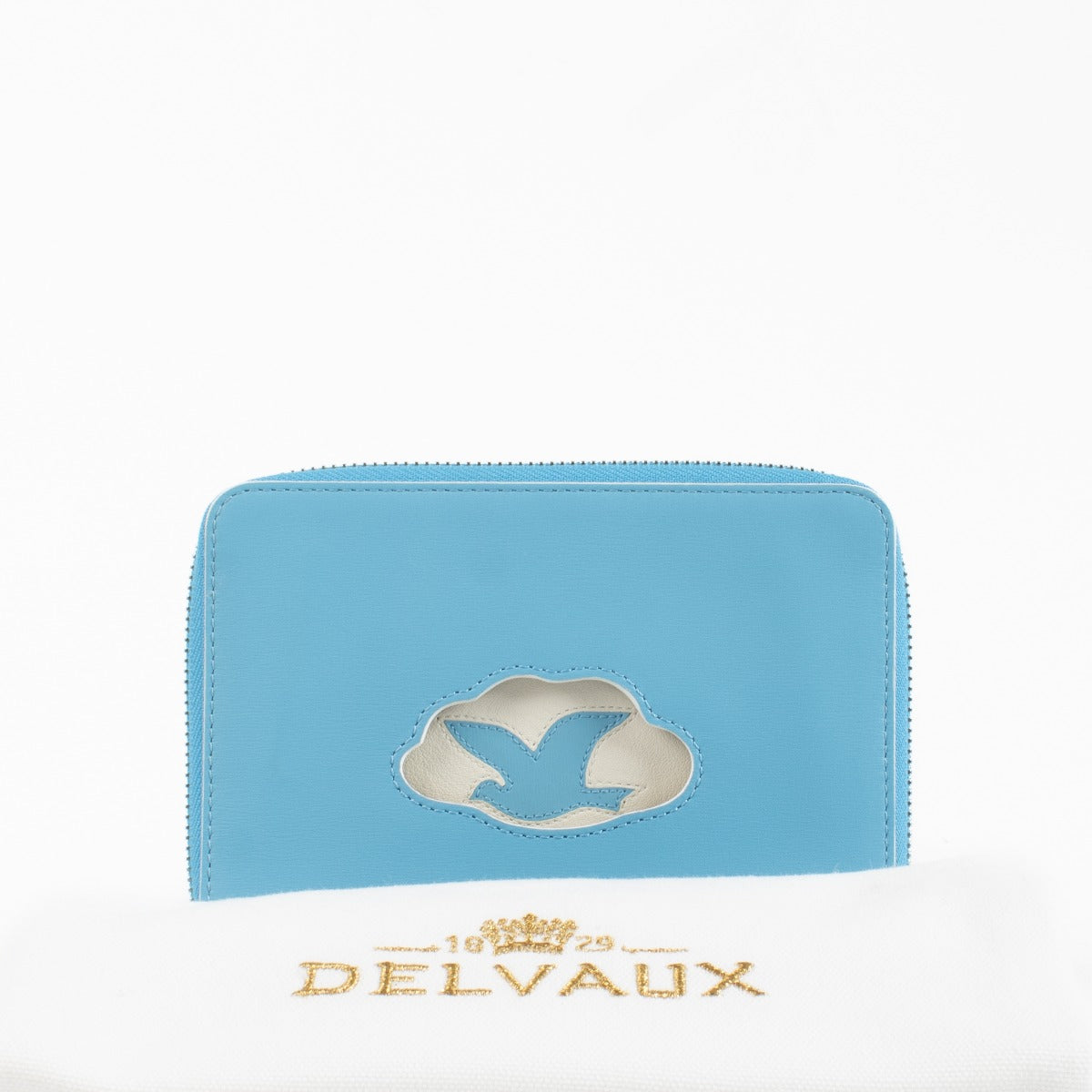 Delvaux Blue Trompe l’Oeil smooth leather zip wallet with iconic motif at Labellov.com