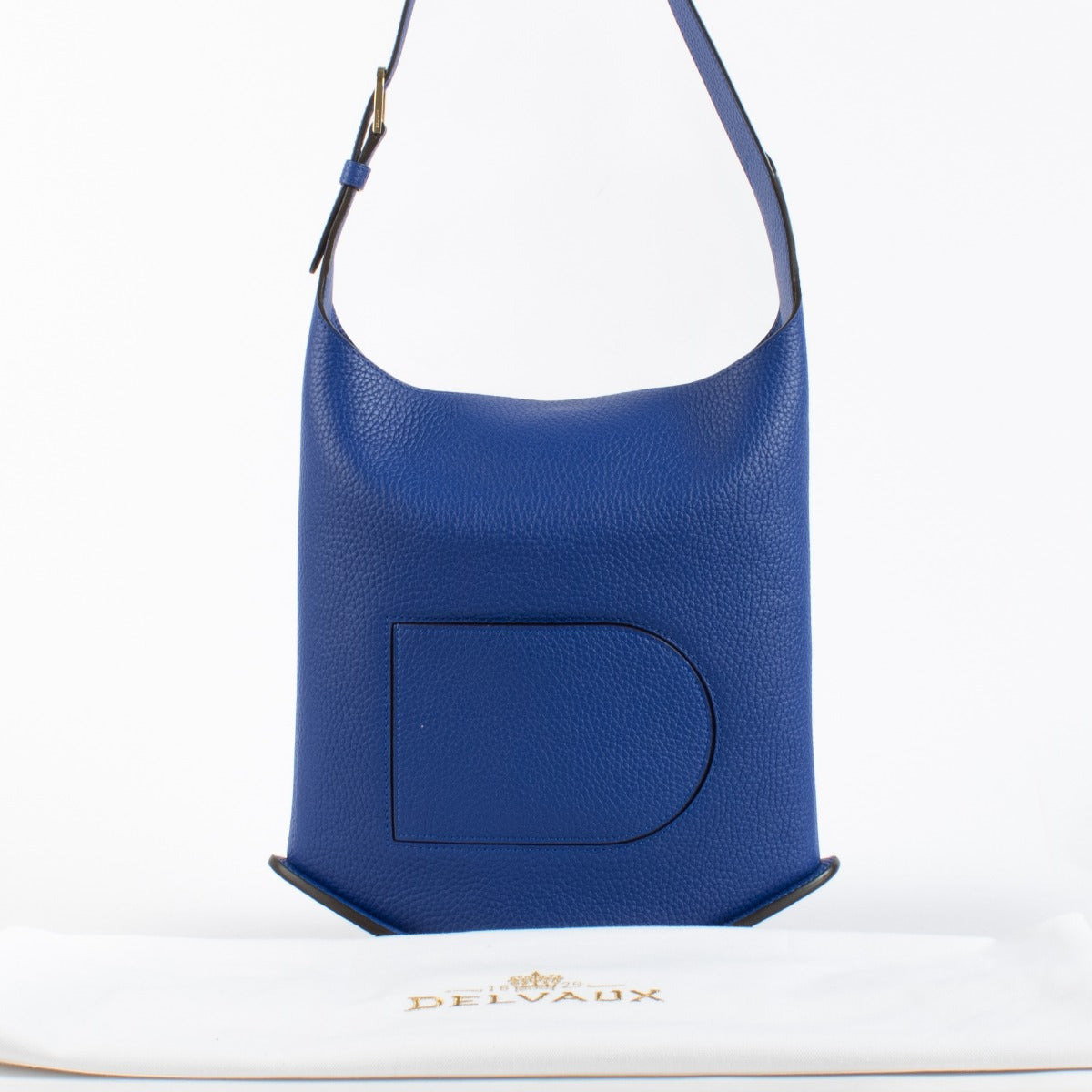 Delvaux Outremer Pin Hobo MM leather shoulder bag in blue with dust bag at Labellov.com