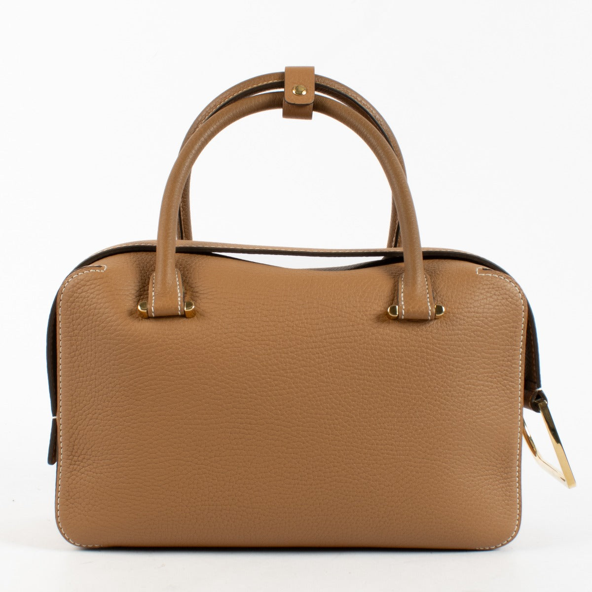 Delvaux Vegetal Cool Box MM brown vegetal leather top handle bag with gold-tone hardware at Labellov.com