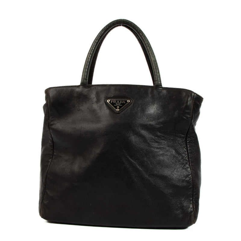 Prada Logo Black Leather Tote Bag