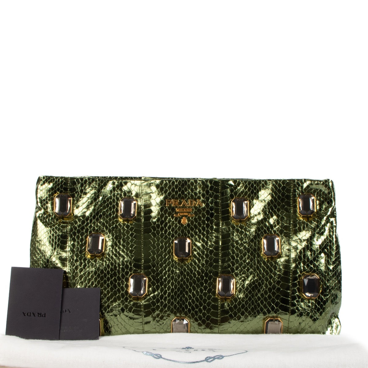 shop 100% authentic second hand Prada Metallic Green Snakeskin Effect Crystal Embellished Clutch on Labellov.com