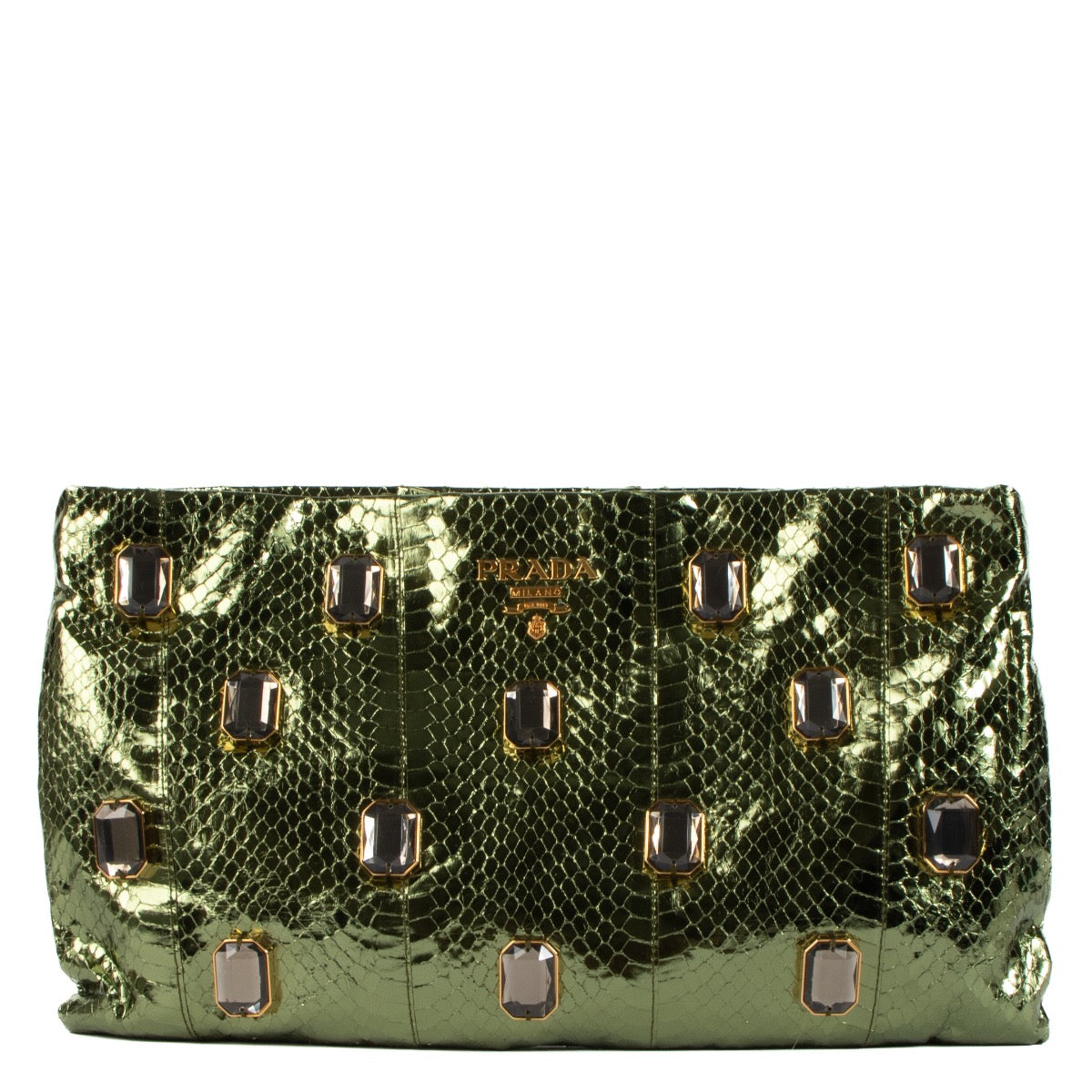 shop 100% authentic second hand Prada Metallic Green Snakeskin Effect Crystal Embellished Clutch on Labellov.com