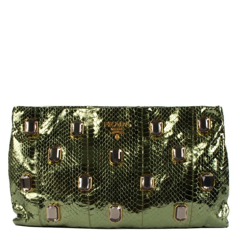 shop 100% authentic second hand Prada Metallic Green Snakeskin Effect Crystal Embellished Clutch on Labellov.com