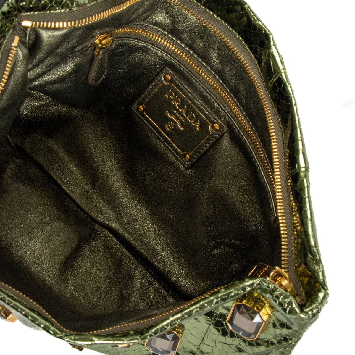 shop 100% authentic second hand Prada Metallic Green Snakeskin Effect Crystal Embellished Clutch on Labellov.com