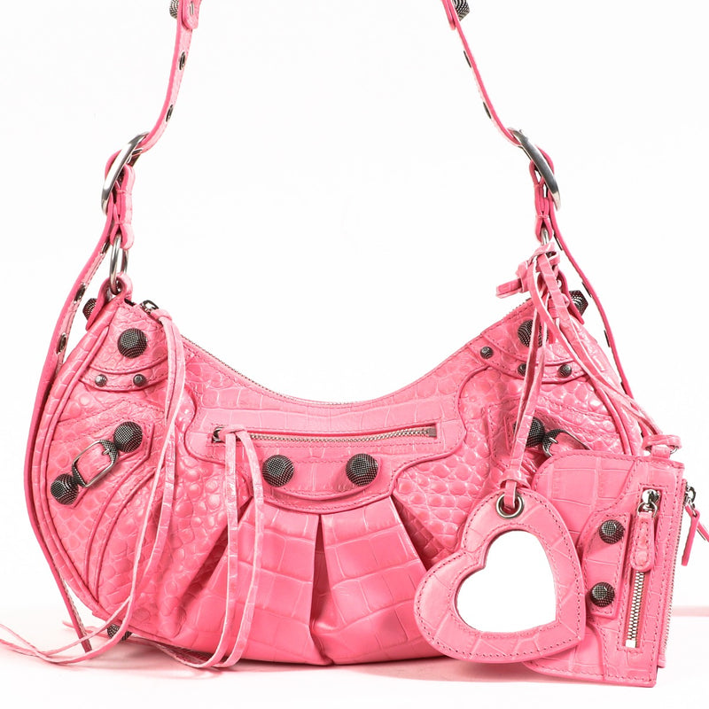 Balenciaga Le Cagole Small Pink Crocodile Embossed Bag