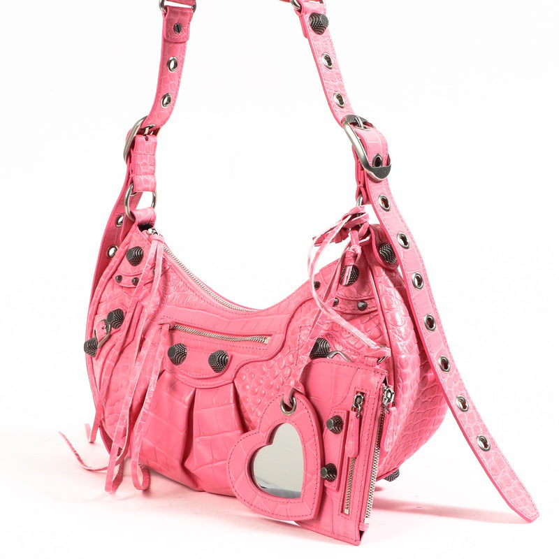Balenciaga Le Cagole Small Pink Crocodile Embossed Bag