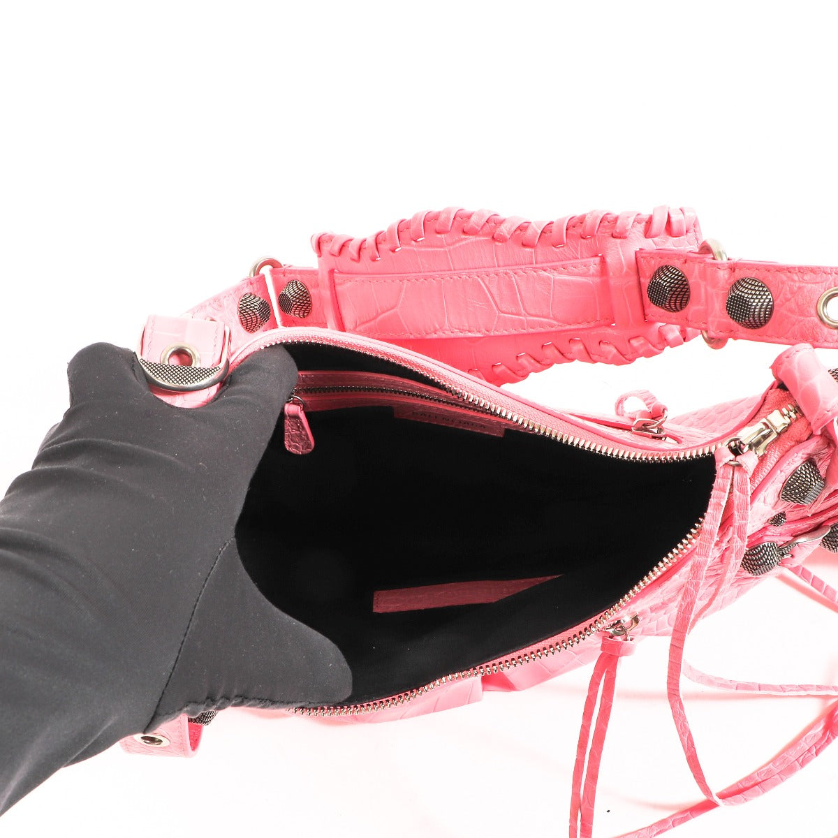 Balenciaga Le Cagole Small roze tas met krokodillenprint