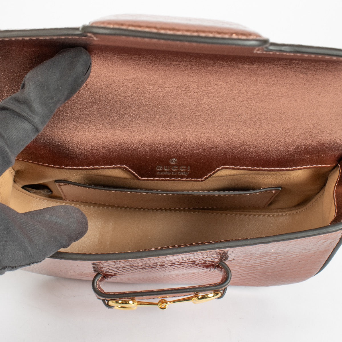 Gucci Metalic Rose Gold Python Horsebit 1955 Small Shoulder Bag