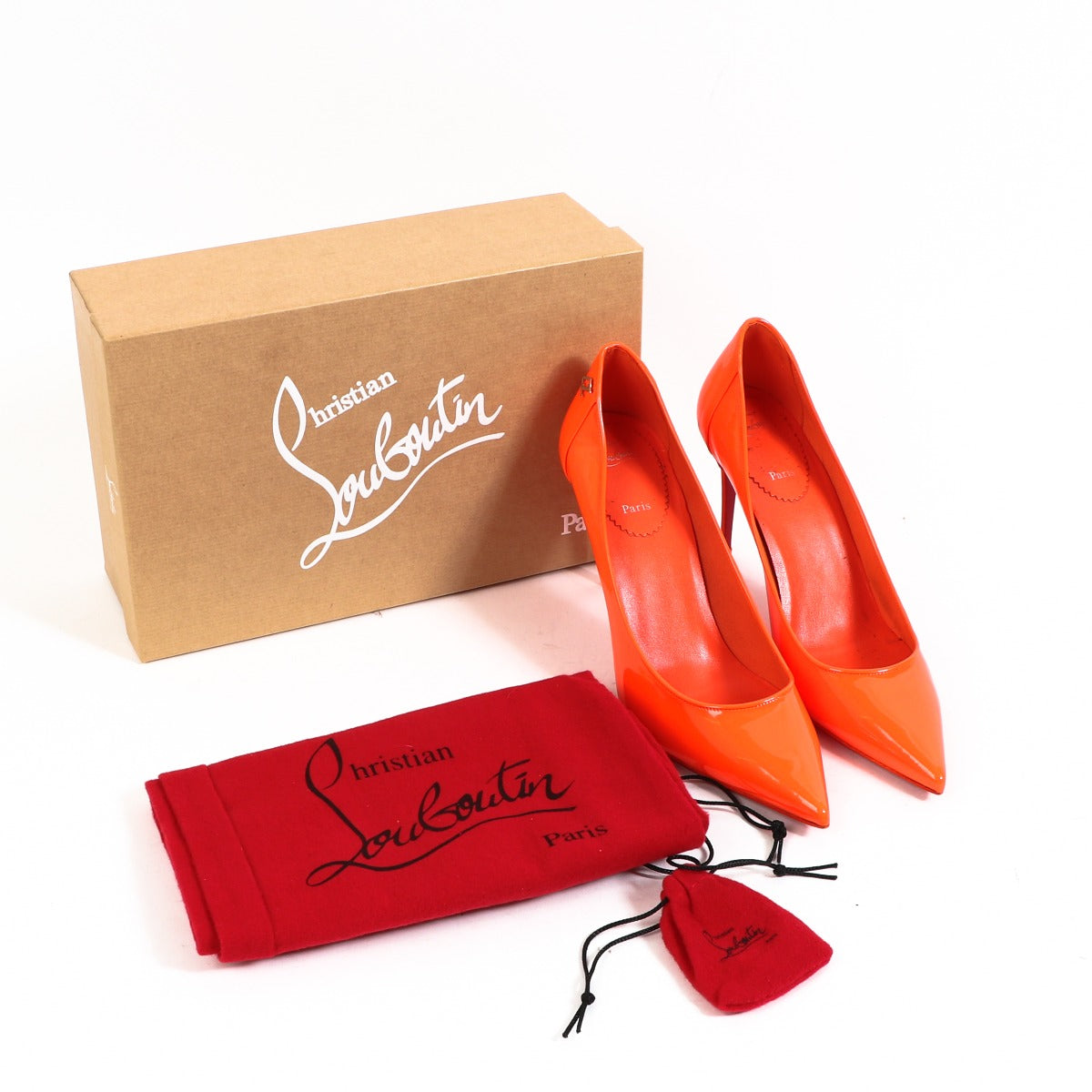 Buy authentic second-hand Christian Louboutin Orange Patent Leather Sunrise Sporty Kate 85 Pumps in Size 39 1/2 in very good condition at Labellov in Antwerp.