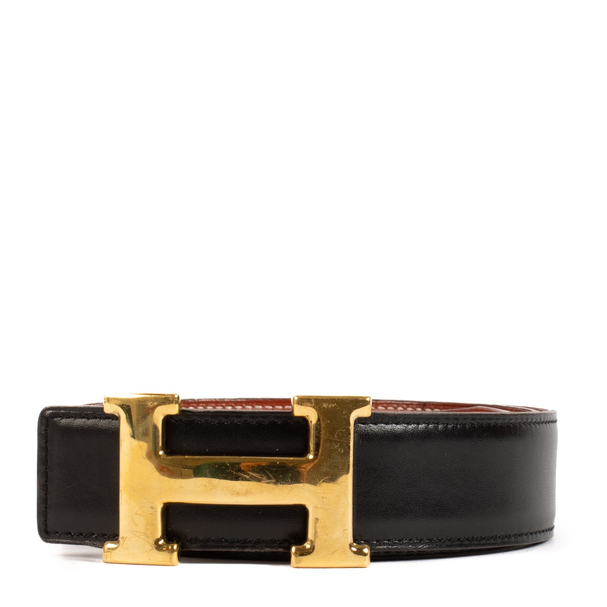 Hermès Black/Brique Box Reversible H Buckle Belt